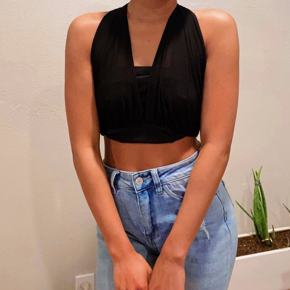 Black Sheer Halter Crop Top